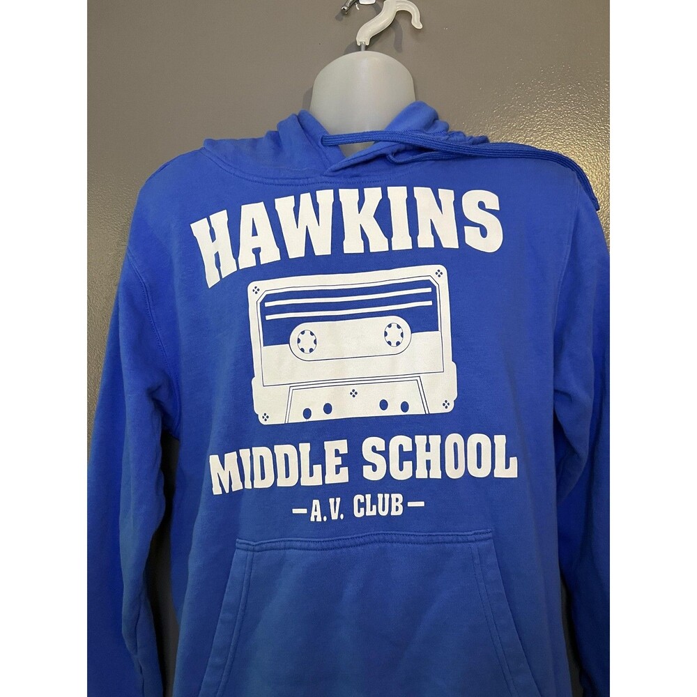 Hawkins Middle School Hoodie Mens Small Blue A.V. Club Graphic Retro Sweatshirt